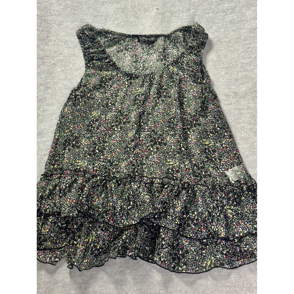 IDANA Womens Medium Floral Sleeveless Ruffle Hem Blouse Black Multi Color Top